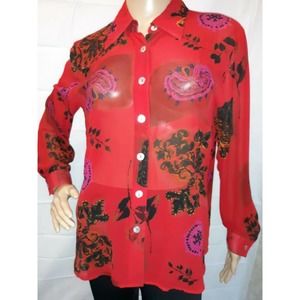 Tess Silk Vintage Red Black Floral Blouse L